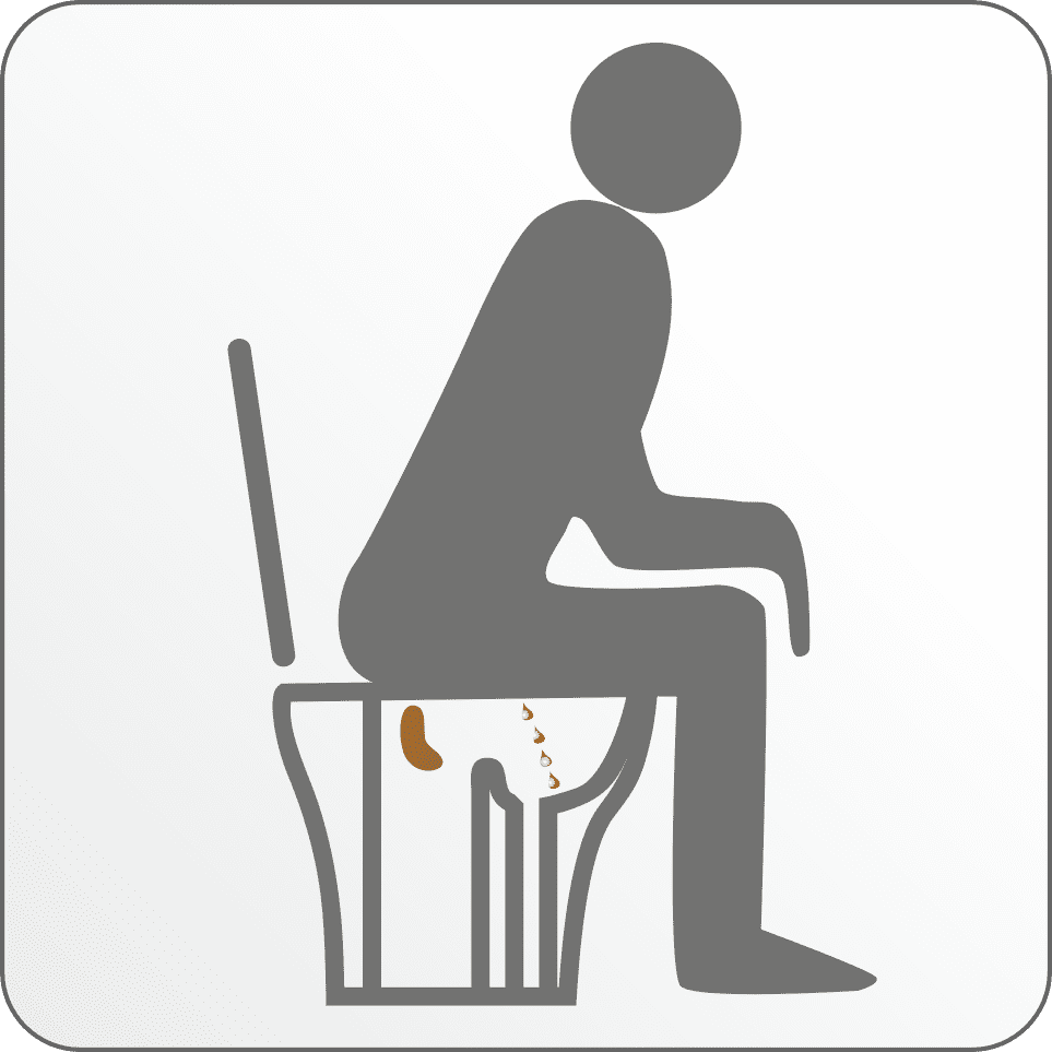 Auf dieser Grafik sitzt ein Mann richtig auf dem Toilettenstuhl und man sieht, dass der Urin in den Urinteil fließt und der Kot in den Fäzesbereich.