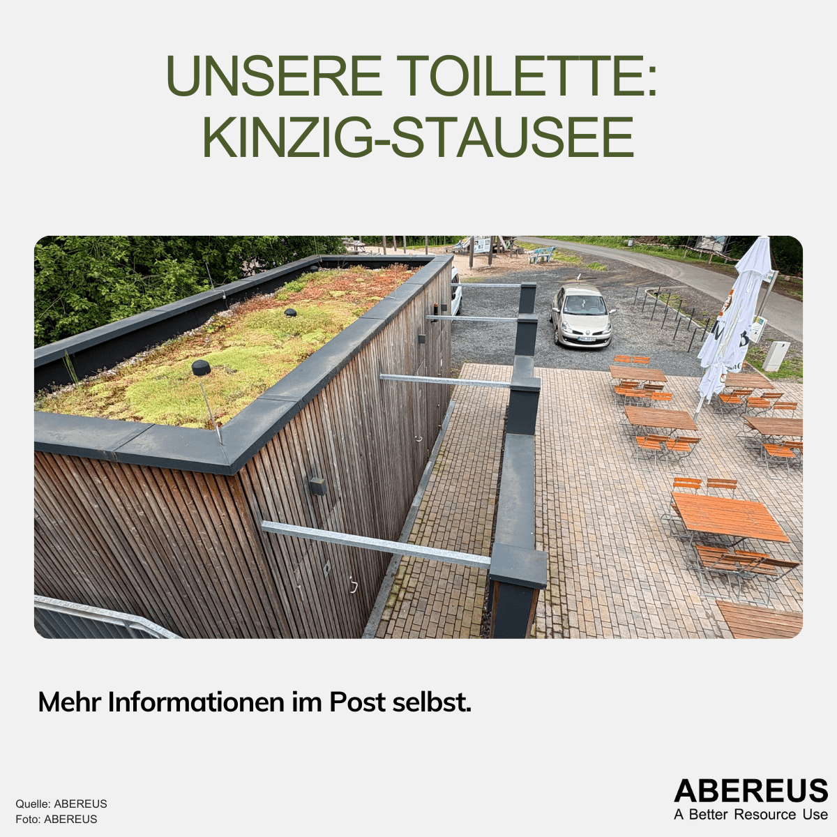 Auf dem Foto ist die Toilettenanlage am Kinzigstausee von schräg oben zu erkennen. Rechts daneben sind aufgestellte Biergartengarnituren und Schirme. Im Hintergrund erkennt man noch einen Kinderspielplatz und ein Auto auf einem Parkplatz.